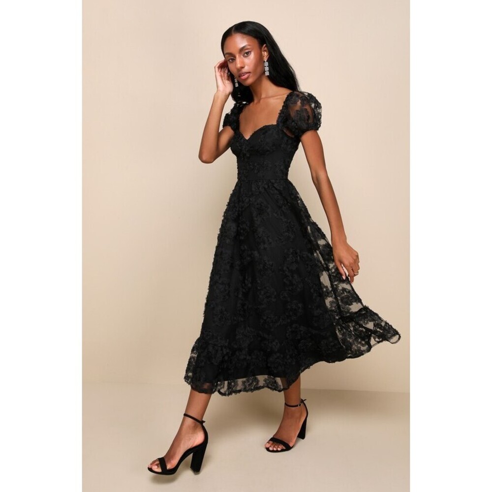 Lulus Notable Elegance Black Mesh Floral Applique Bustier Midi Dress - Size M